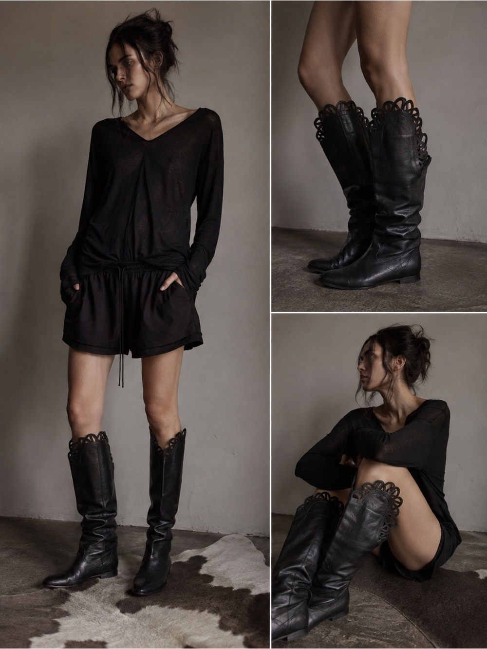 Chloé Black Leather Cutout Scallop Knee High Boots Made Italy 38.5